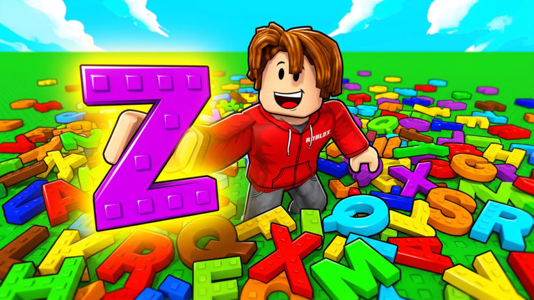 Collect The Alphabet Roblox avatar holding a glowing purple Z in a pile of colorful letters